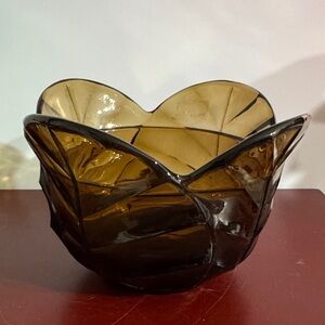 Vintage Viking Smoke Brown Glass Candy Dish Cabbage Leaf